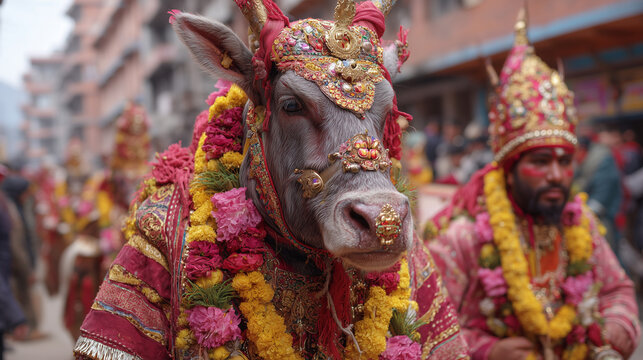 Decorated cow and man in traditional attire participate in Gai Jatra Festival procession