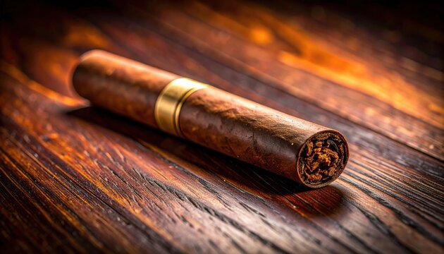 Close-up of a hand-rolled tobacco cigar with a gold band resting on a rustic wooden table, highlighting its rich texture and premium quality.