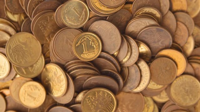 Dark golden Polish coins in circular pattern rotate on neutral background