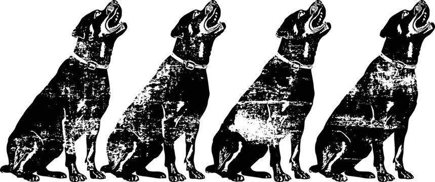Four howling dogs sitting in a row black and white distressed grunge illustration of canines in various poses