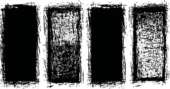 Grunge distressed vertical rectangle frames set, black textured border design elements collection