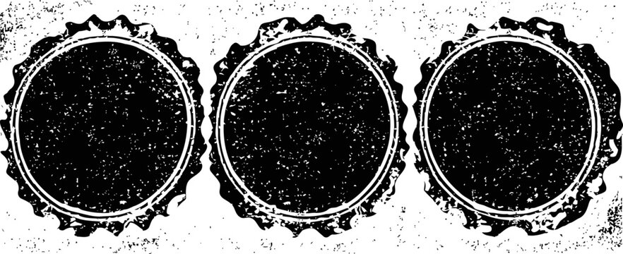Three vintage beer bottle caps grunge texture design, circular metal lids with serrated edges