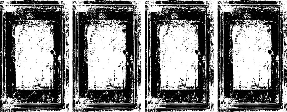 four weathered vintage wooden window frames with chipped black and white paint on white background