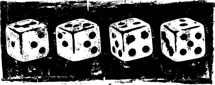 four grunge dice with different face values isolated on black background