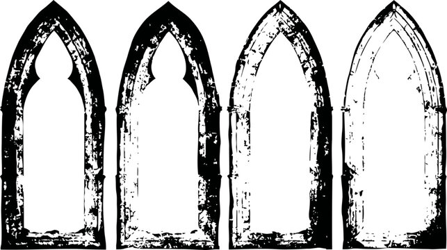 Set of vintage gothic arched window frames with distressed texture isolated on white