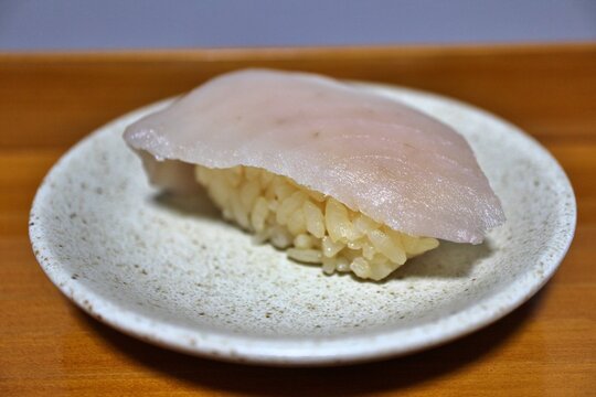 Albacore Edomae nigirizushi made with red vinegar purchased at a supermarket in Tokyo, Japan