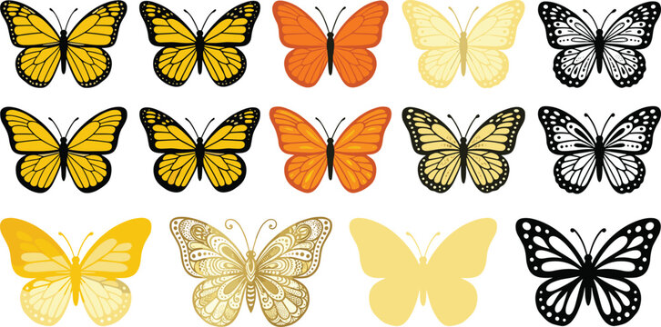 Collection of stylized butterfly silhouettes in various colors and patterns on a white background