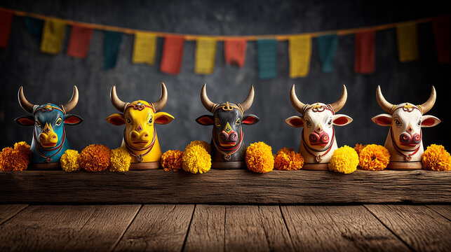 Vibrant Gai Jatra Festival celebration with decorated cows heads on a wooden table