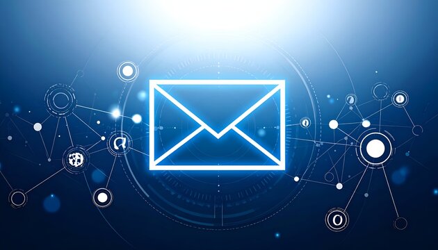 Glowing envelope icon surrounded by networked tech patterns on blue background