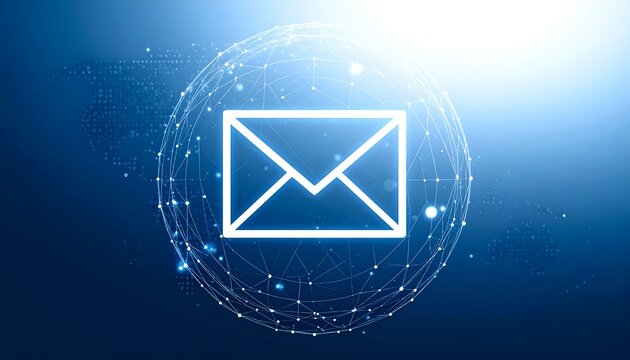 Glowing email icon enclosed in a dotted spherical network on blue background
