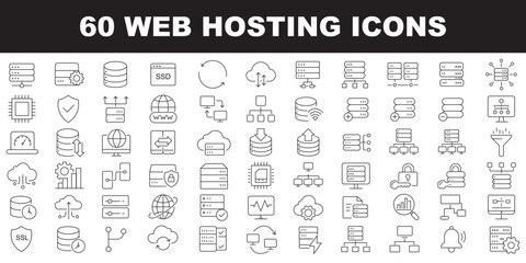 Fototapeta premium Web hosting icons set representing servers, domains, cloud storage, websites, data hosting, network and online services. Editable Stroke.