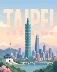 Fototapeta premium Flat vector illustration of Taipei 101 with skyline silhouette and large soft Taipei text in a minimal tourism poster layout.