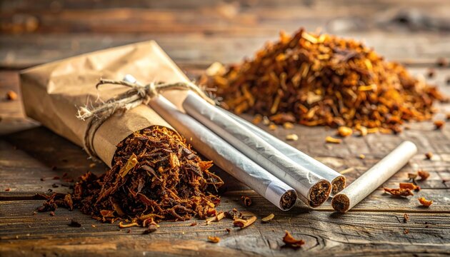 Pile of loose tobacco and expertly rolled cigarettes with papers on a rustic wooden surface