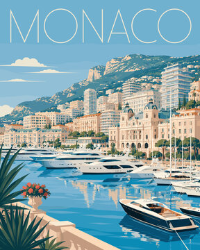 Minimal vector illustration of Monaco harbor with yachts, marina skyline and large Monaco text in thin line luxury travel style.