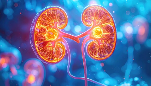 Detailed Anatomy of Human Kidneys Showing Nephrons and Blood Vessels in Vibrant Detail