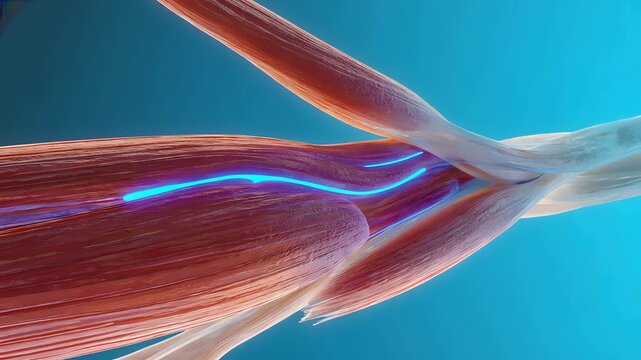 Muscle fibers macro view, detailed organic texture,
subtle electric signals flowing through fibers, contraction and release motion
