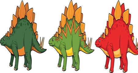 Cartoon Stegosaurus Dinosaur Set — Dark Green, Light Green, and Red Color Variants in Front and Side View Poses for Kids and Design © Manna