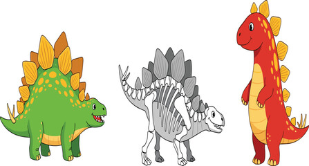 Cute Cartoon Stegosaurus Dinosaur Set — Adorable Green and Red Baby Dino with Fossil Skeleton Style for Kids and Education © Manna