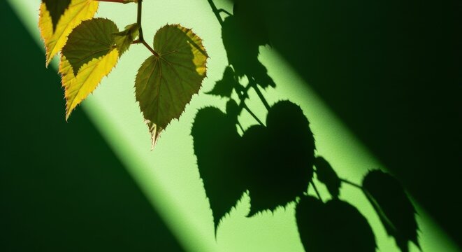 Sunlight casting dramatic shadows across vibrant green vine leaves on a textured background