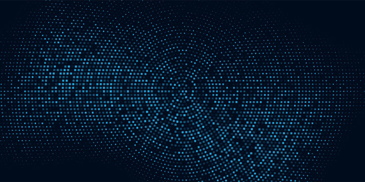 Abstract blue pixel halftone background with circular digital wave pattern, futuristic technology design for cyber banner, gaming wallpaper, data visualization, presentation n modern creative projects