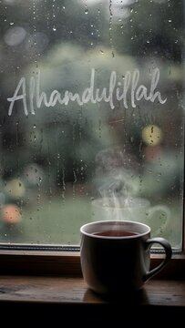 A steaming cup of coffee on a wooden windowsill with raindrops and the word 'Alhamdulillah' on a foggy windowpane