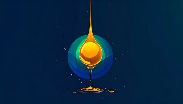 Viscous golden liquid droplet falling against a blurred teal gradient circle