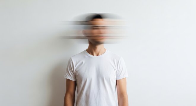 Blurry motion portrait of a young man in white t-shirt standing against plain white background with face and head blurred