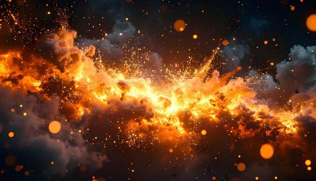 Fiery explosion among dark clouds, with bokeh lights, stunning, energetic