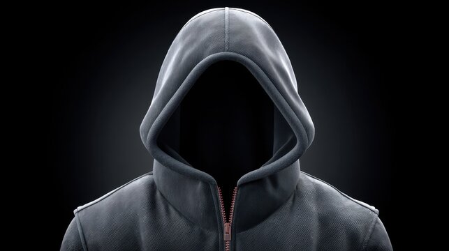 Mysterious figure in black hoodie with no face, emphasizing anonymity and intrigue in dark setting, suitable for themes of secrecy and identity concealment