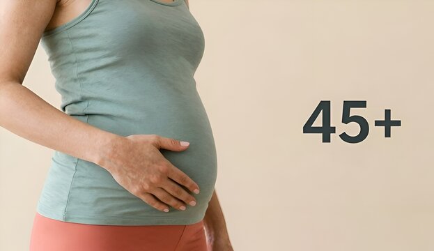 Pregnant woman holding belly with 45 plus text for late pregnancy concept