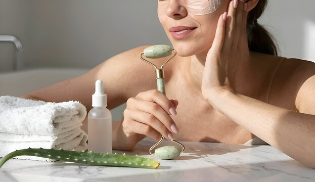 Young woman performing facial massage with green jade roller