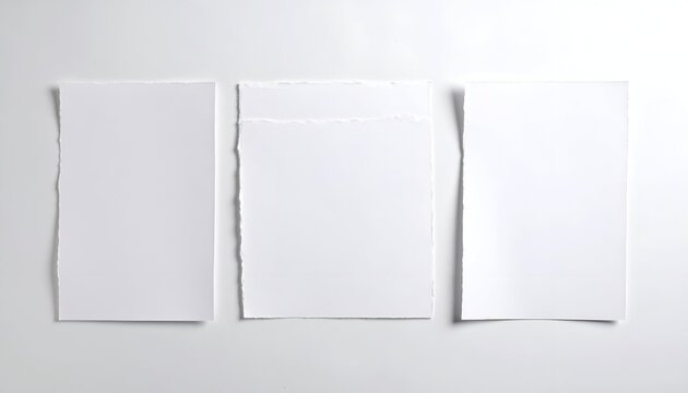 Three white torn/deckled edge paper rectangles arranged vertically on white