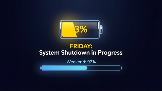 A humorous digital illustration of a battery with 3% power left on a Friday with a system shutdown message on a dark background
