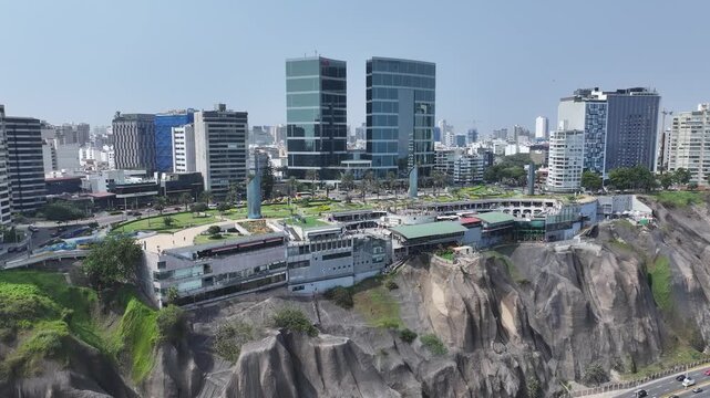 Larcomar Shopping In Lima Capital City Peru. Futuristic Skyscraper Is Towering Over The Downtown City. Industrial Landscape High Rise Building Vibrant. Industrial Town. Lima Capital City.