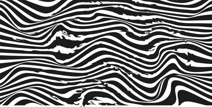 Black and white striped liquid paint effect vector seamless pattern. Wavy psychedelic background of moving liquid. Modern zebra backdrop. Groovy 1970s style.