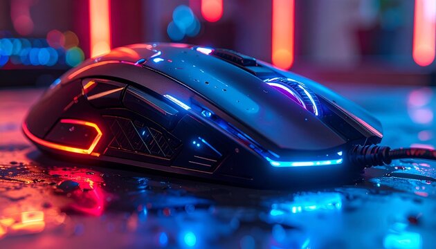 Illuminated gaming mouse with colored lights on a reflective surface