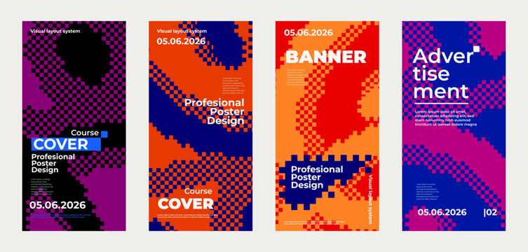 Abstract pixel art poster templates set. Design with vibrant pixel gradients and bold typography. Modern flyer layouts for creative events, festivals, and digital art exhibitions.