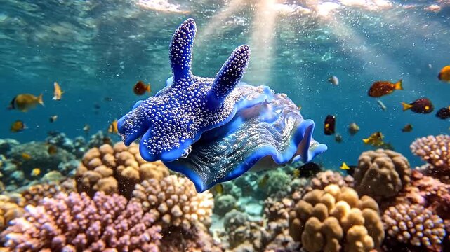 A vibrant underwater scene showcasing a stunning blue sea slug, Glaucus Atlanticus, amidst colorful coral reefs