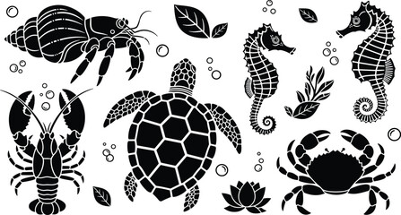 Stylized marine animal silhouettes, hermit crab, lobster, sea turtle, seahorses, crab, lotus flower, bubbles, aquatic plants, ocean life illustration © MDOMAR