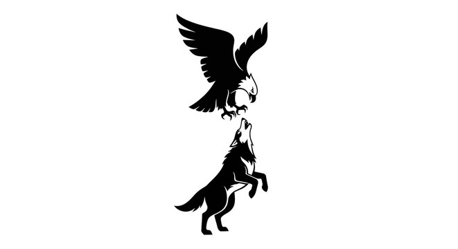 Eagle attacking wolf silhouette, wildlife conflict, predator and prey, black and white vector art