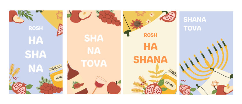Abstract modern Happy Rosh Hashanah cards set. Vector illustration of harvest elements honey jar, pomegranate and apple, menorah and torah scroll. Jewish holiday cards in cartoon flat style.