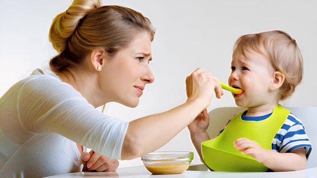 Caucasian mother gently feeds her toddler with a spoon, while the child reacts with expressions during mealtime at home, with a bowl of food placed on the table in front of them