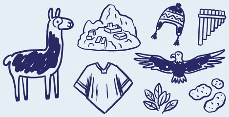 Collection of hand-drawn South American cultural icons including a llama, Machu Picchu, and traditional clothing. © Riki