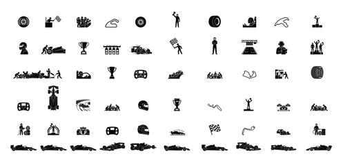 Fototapeta premium Formula One Racing Silhouette Icons Collection with F1 Cars Drivers and Motorsport Symbols