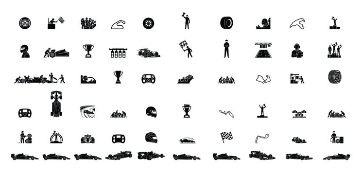 Formula One Racing Silhouette Icons Collection with F1 Cars Drivers and Motorsport Symbols