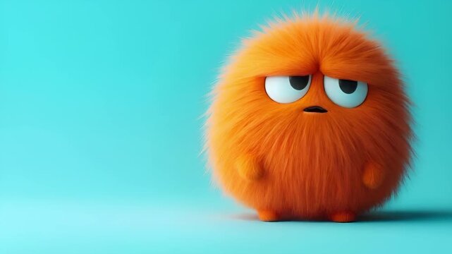 Fluffy orange character with large eyes shifts from a sad expression to a more contemplative look, set against a smooth blue background, showcasing its round shape and soft texture