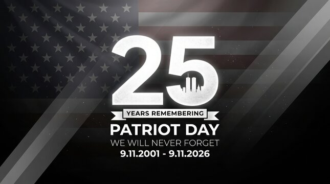 Patriot day 25th anniversary memorial remembering 9 11 with american flags and remembrance text