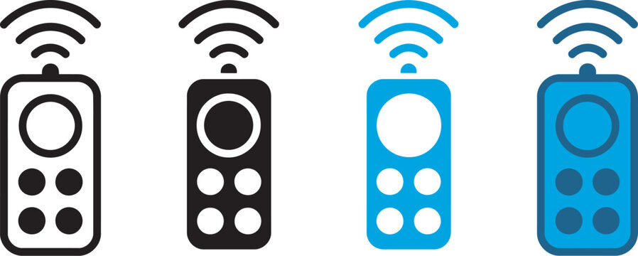 Remote control icon set vector illustration featuring multiple remote designs, TV and media control symbols, channel switching and volume adjustment buttons, clean modern electronics interface graphic
