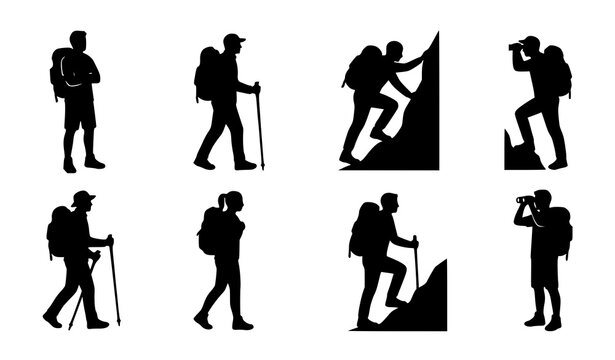 Mountain hiker silhouette set with backpack adventure poses isolated on white background