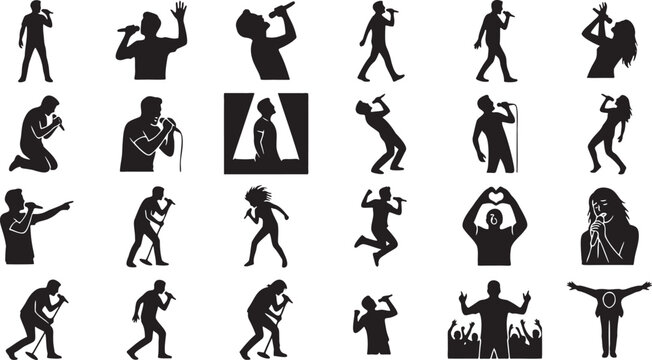Live Singer Concert Silhouette Performance Icon Sheet.